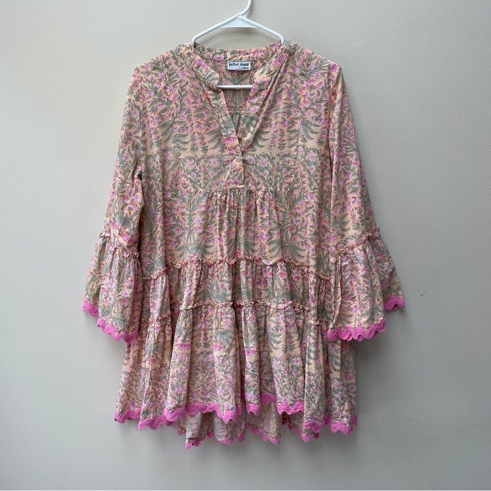 Juliet Dunn 100% Cotton Tiered Tunic Babydoll Minidress Peach Floral Size S - Picture 8 of 9